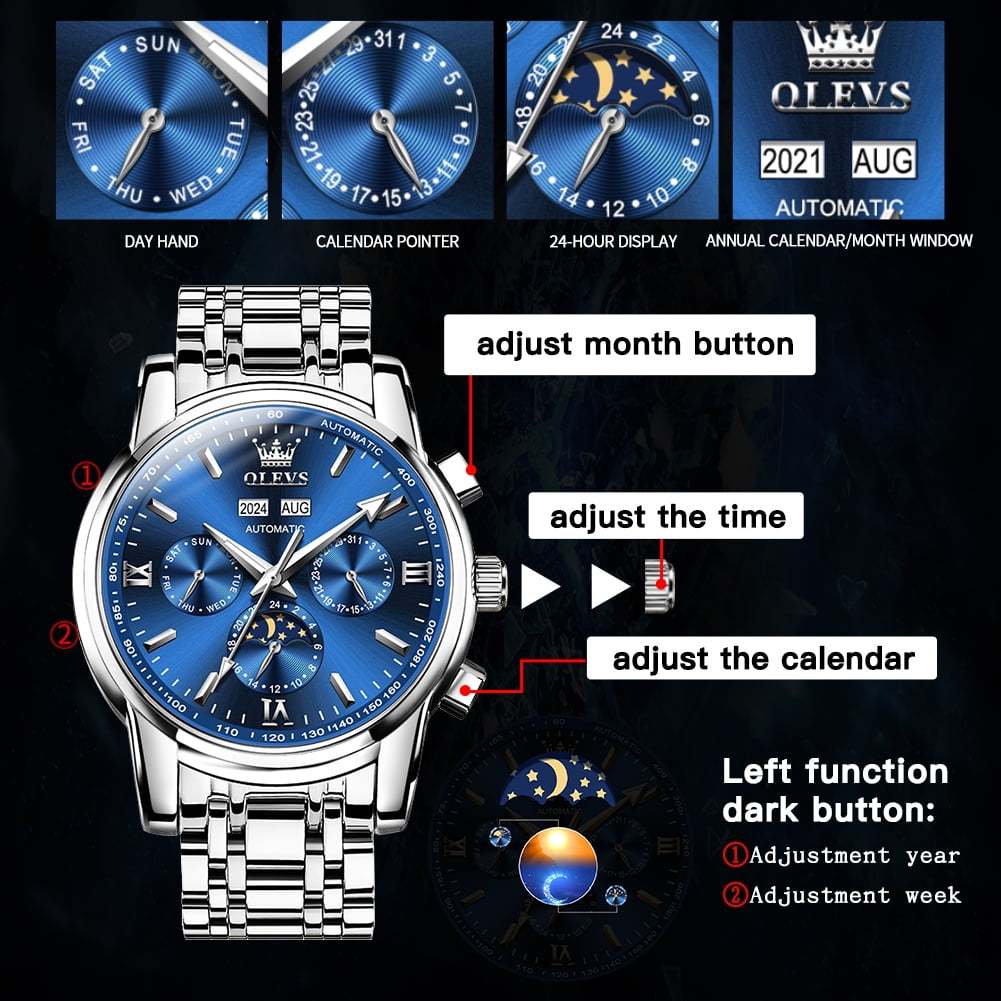 OLEVS Automatic Watches for Mens Self Winding Mechanical Multifunction Chronograph Luxury Business Dress Moon Phase Stainless Steel Waterproof Luminous Calendar Mens Wrist Watches Reloj Para Hombre