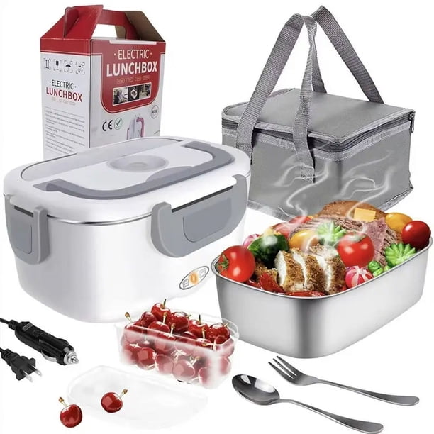 Fiambrera eléctrica, calentador de alimentos, coche y hogar, con recipiente y cuchara desmontables de acero inoxidable 304