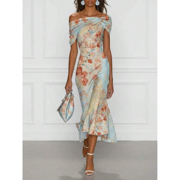 Printed Colors Floral Off The Shoulder Midi Dress, Twisted Knot Satin Bodycon Mermaid Hem Evening Dress