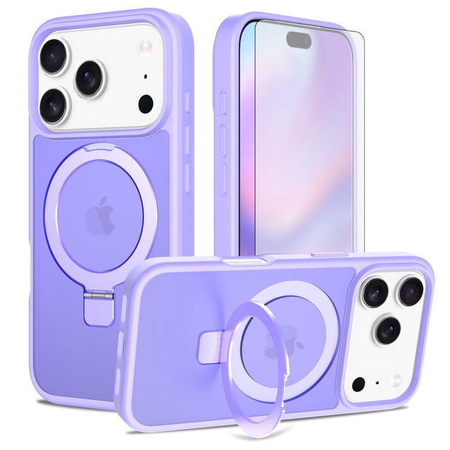Asuwish Phone Case for iPhone 17 Pro 6.3 inch Tempered Glass Screen Protector Magnetic Folding Stand Frosted Translucent Rugged Shockproof Protective Cell Cover i Phone17 i17 17Pro Women Men Purple