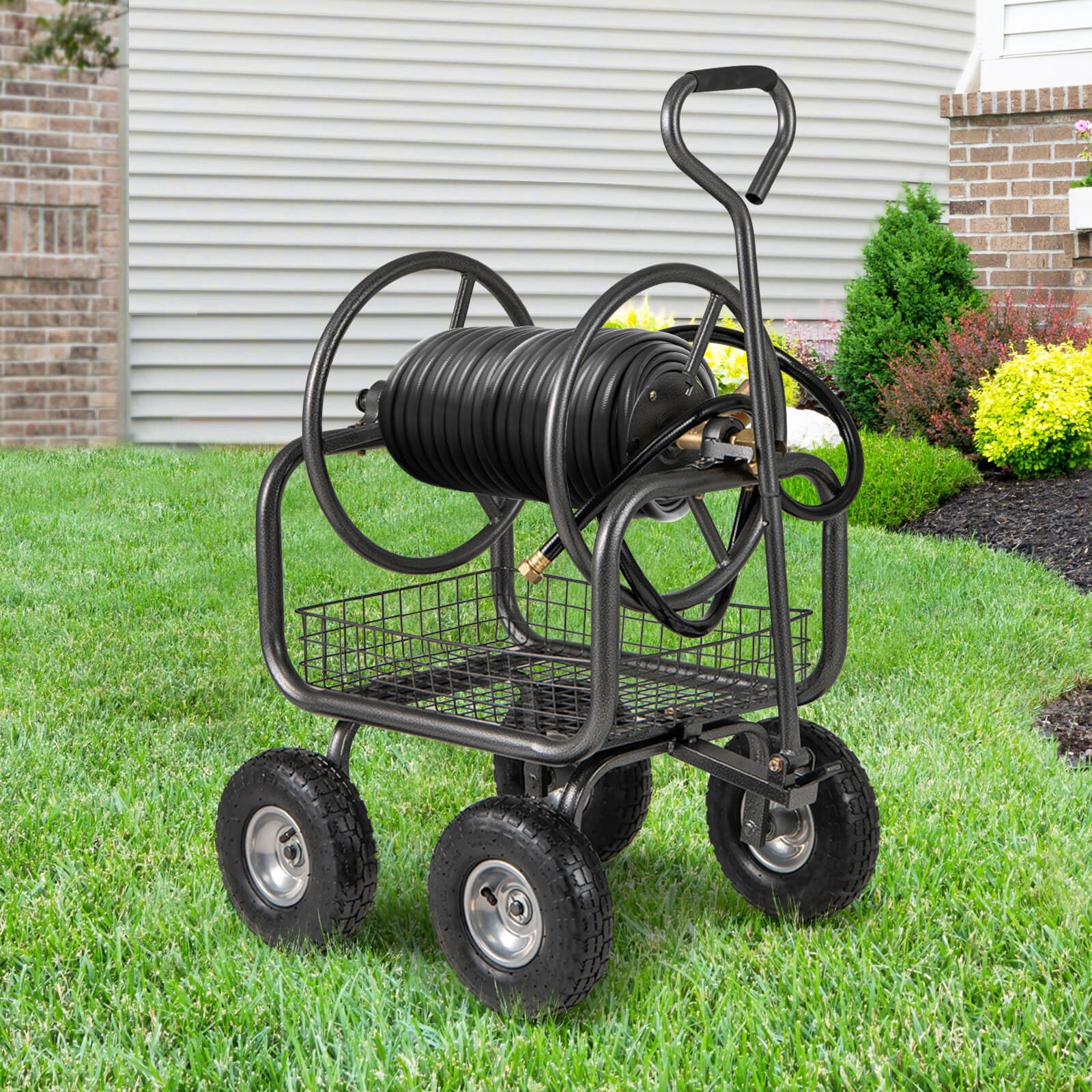 Costway Portable Hose Reel Cart with 300 ft of 5/8” Large Capacity Storage Basket for Lawn