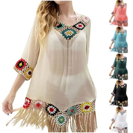 Axiiglly Bathing Suit Cover Up for Women Bohemian Beach Cover Ups Plus Size Summer Crochet Swimsuit Coverups Hollow Out Cotton Fringe Swimwear Casual Bikini Vacation Oufits