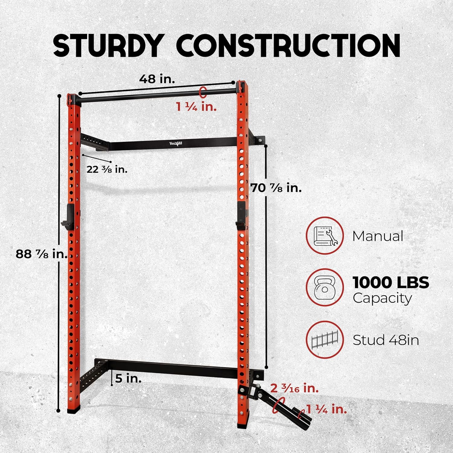 Yes4All 1000lbs Capacity Folding Power Cage, Space-Saving Wall Mounted Squat Rack with Adjustable Pull-Up Bar, 360° Landmine & Steel J-Hooks for Home Gym Strength Training.