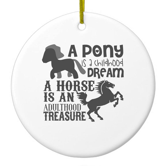 DistinctInk Hanging Ceramic Christmas Ornament - Pony Childhood Dream, Horse Adult Treasure - Gold String, 2-3/4 inch Diameter