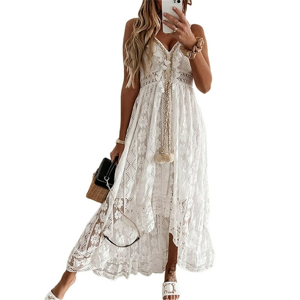 Txlixc Vestido con dobladillo de encaje para mujer, ropa de playa sin mangas con cuello en V profundo, falda de verano, beige/blanco Txlixc Estilo de ocio