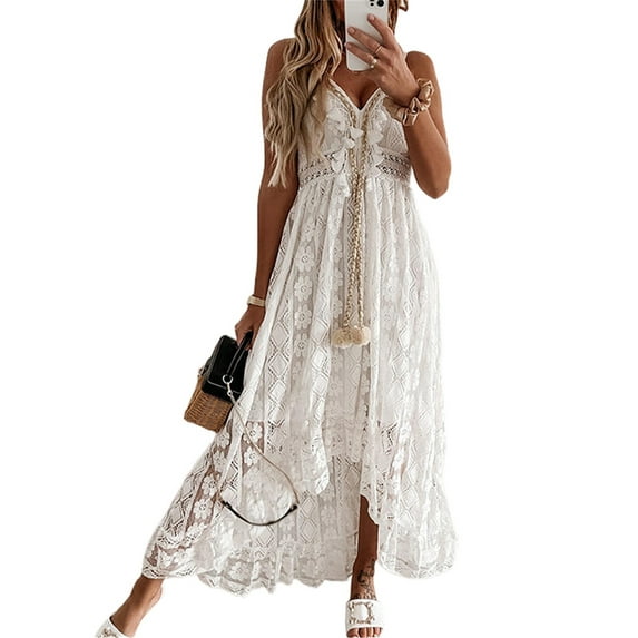 Qmyliery Women Lace Hem Dress, Deep V-neck Sleeveless Beachwear, Summer Skirt, Beige/ White