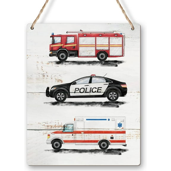 Fire Truck Police Car Ambulance Wood Sign Nursery Wall Art Rustic Transportation Wooden Hanging Sign for Kids Bedroom Playroom Door Wall Decor 8x10 Inch