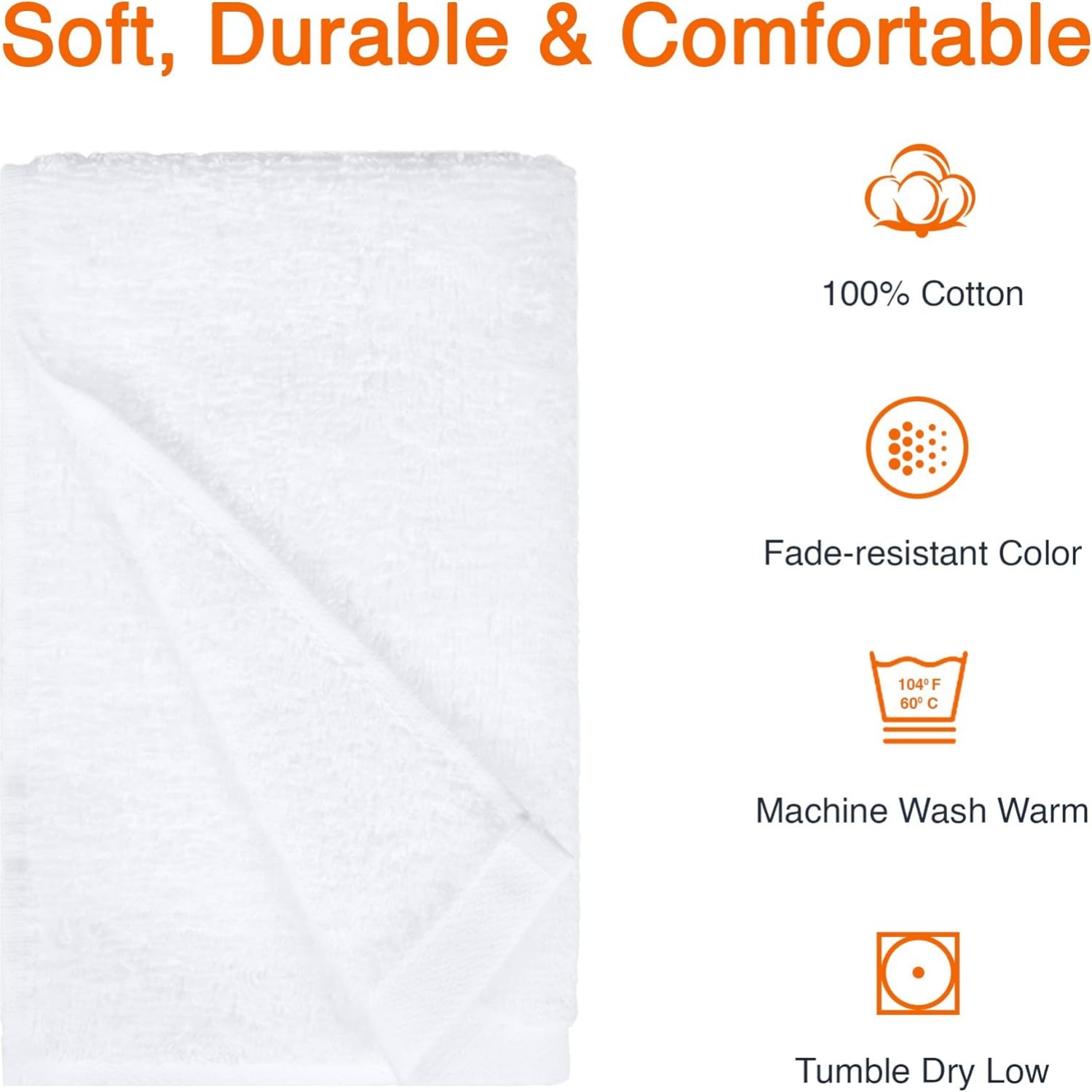 Soft and Thick Cotton Hand Towels, 16 x 26 in, White, 24-Pack