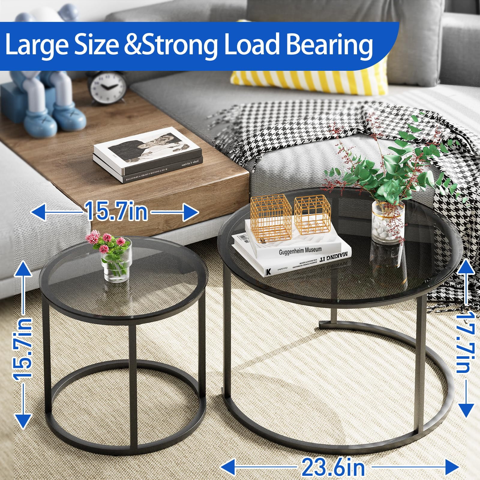 Nesting Coffee Table Grey Glass Table Set of 2, Small Round Glass Nesting Tables for Living Room Bedroom, Accent Tea Table with Metal Frame Modern Industrial Simple