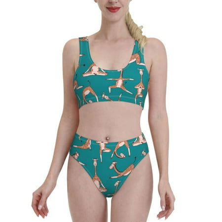 Bixox Giraffes Doing Various Yoga Pattern Two-Piece Sports Bikini with U-Shaped Top and High-Waist Bottom - Women s Swimwear with Removable Bra Pads