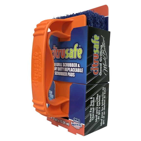 Citrusafe BBQ Grill Scrubber Handle & 3 Heavy Duty Replaceable Blue Nylon Scrubber Pads