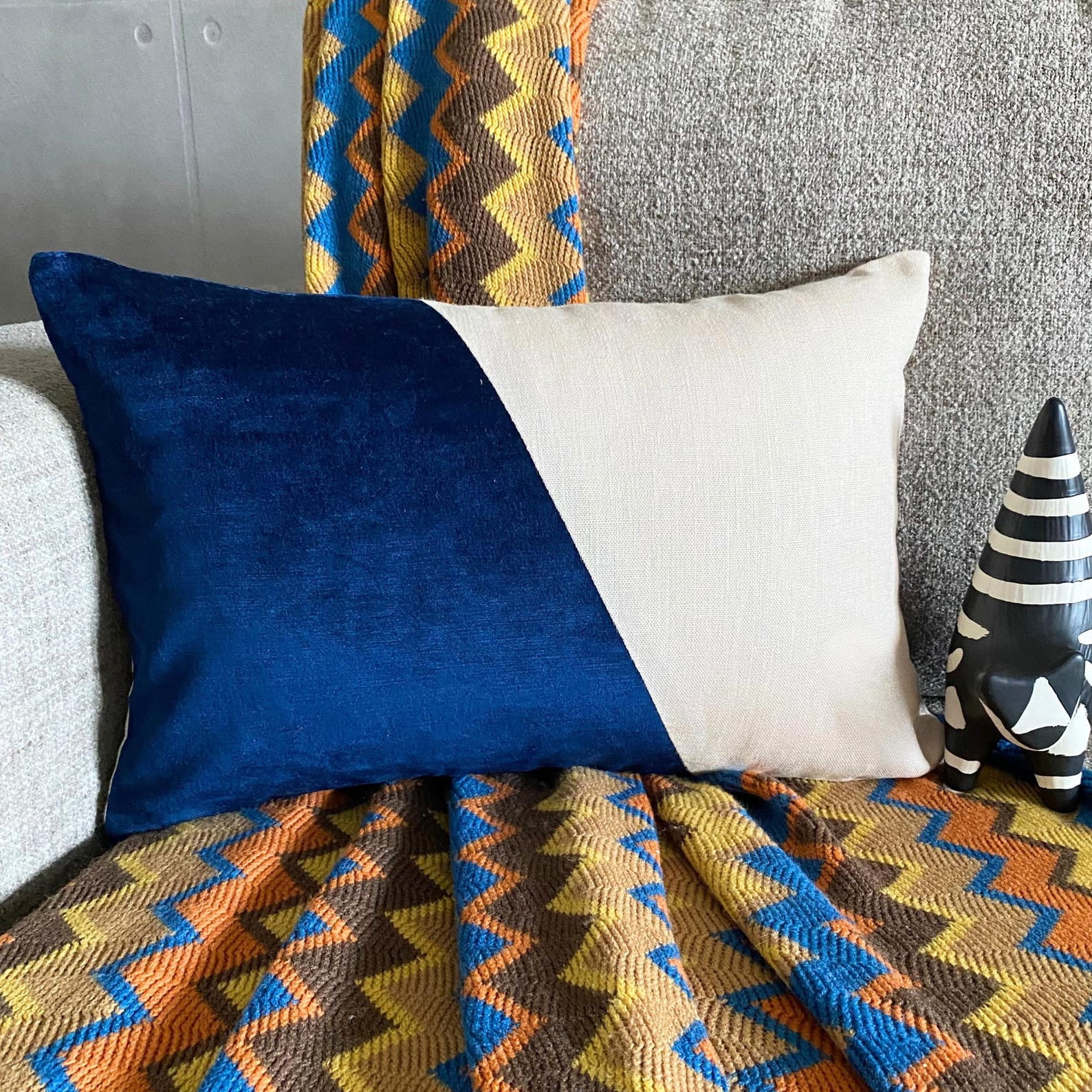 The HomeCentric Decorative Blue Pack of 2, 12"x20" (30x50 cm) Lumbar Pillow Cover, Velvet & Linen Solid Color Block Oblong Pillow, Patchwork Pattern Modern Style - Velutinous Blue