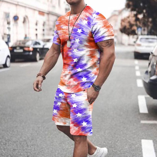 cllios 4th of July Outfit for Men 2 Piece Set Independence Day Mens Athletic Outfits Short Sleeve Shirts and Drawstring Shorts Set American Flag Matching Suits Independence Day Workout Tracksuits