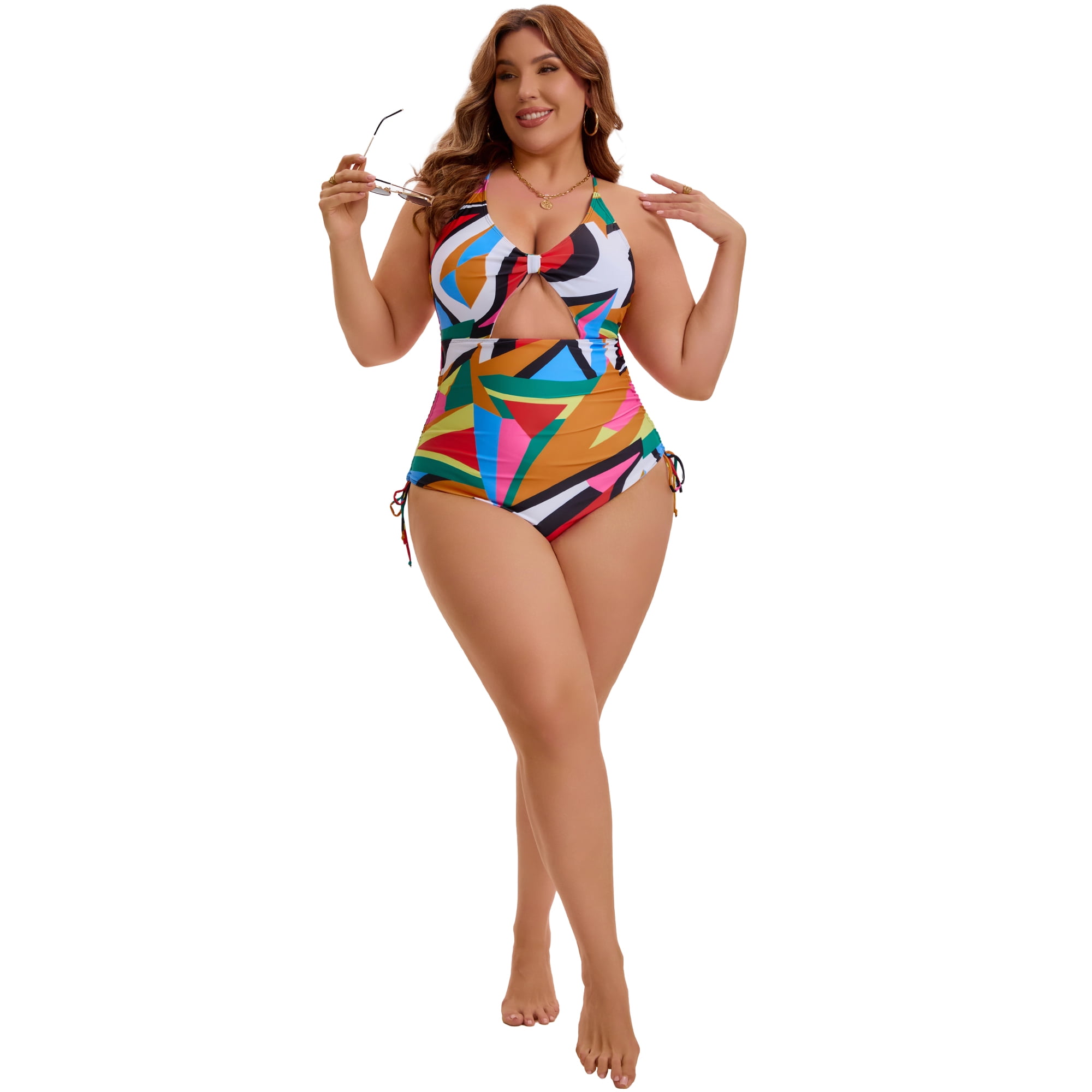 DARING DIVA Women's Plus Swimsuit Tummy Control Cutout Monokini 3X Multi Geometric