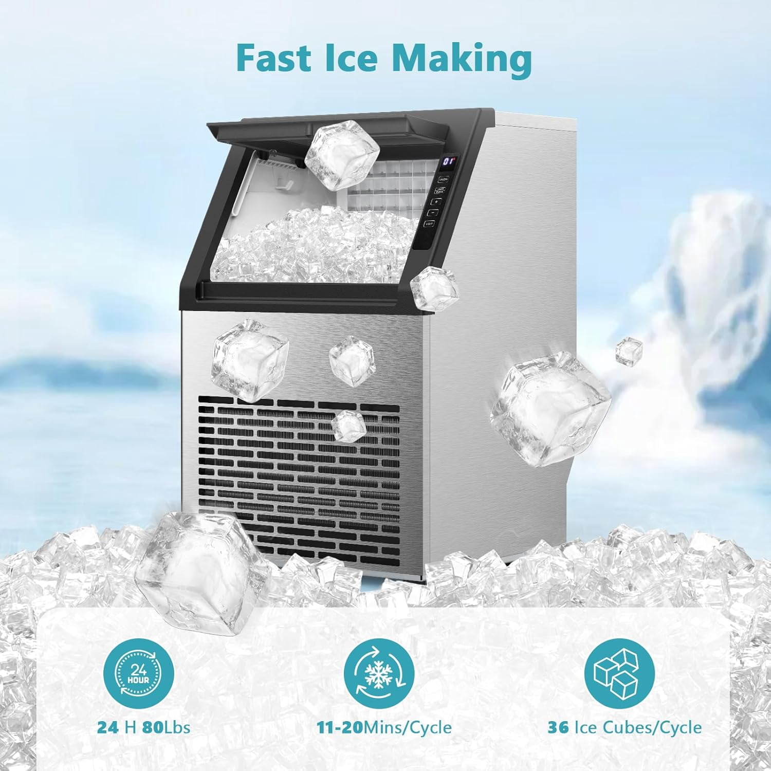 Commercial Ice Maker Machine,80Lbs/24H with 28Lbs Ice Storage Capacity Undercounter ice Machine,Auto Self-Cleaning,Stainless Steel Freestanding Ice Maker for Home/Bar/Restaurant/Outdoor