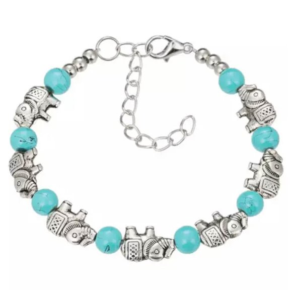 K-KED Boho Women Blue Beaded Elephant Silver Plated Bracelet Faux Turquoise Gift New