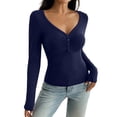 thumbnail image 4 of Fengqque Women’s Henley V Neck Long Sleeve Casual Top, Ruched Front Button Detail Slim Fitted long sleeve tee , Soft Stretchy Basic Top for Fall Winter Blue, 4 of 9