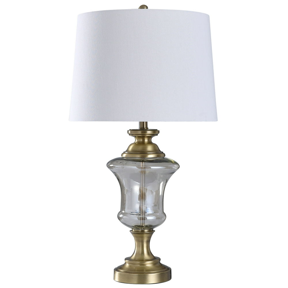Antique Brass Urn Table Lamp with Smoke Glass and White Tapered Drum