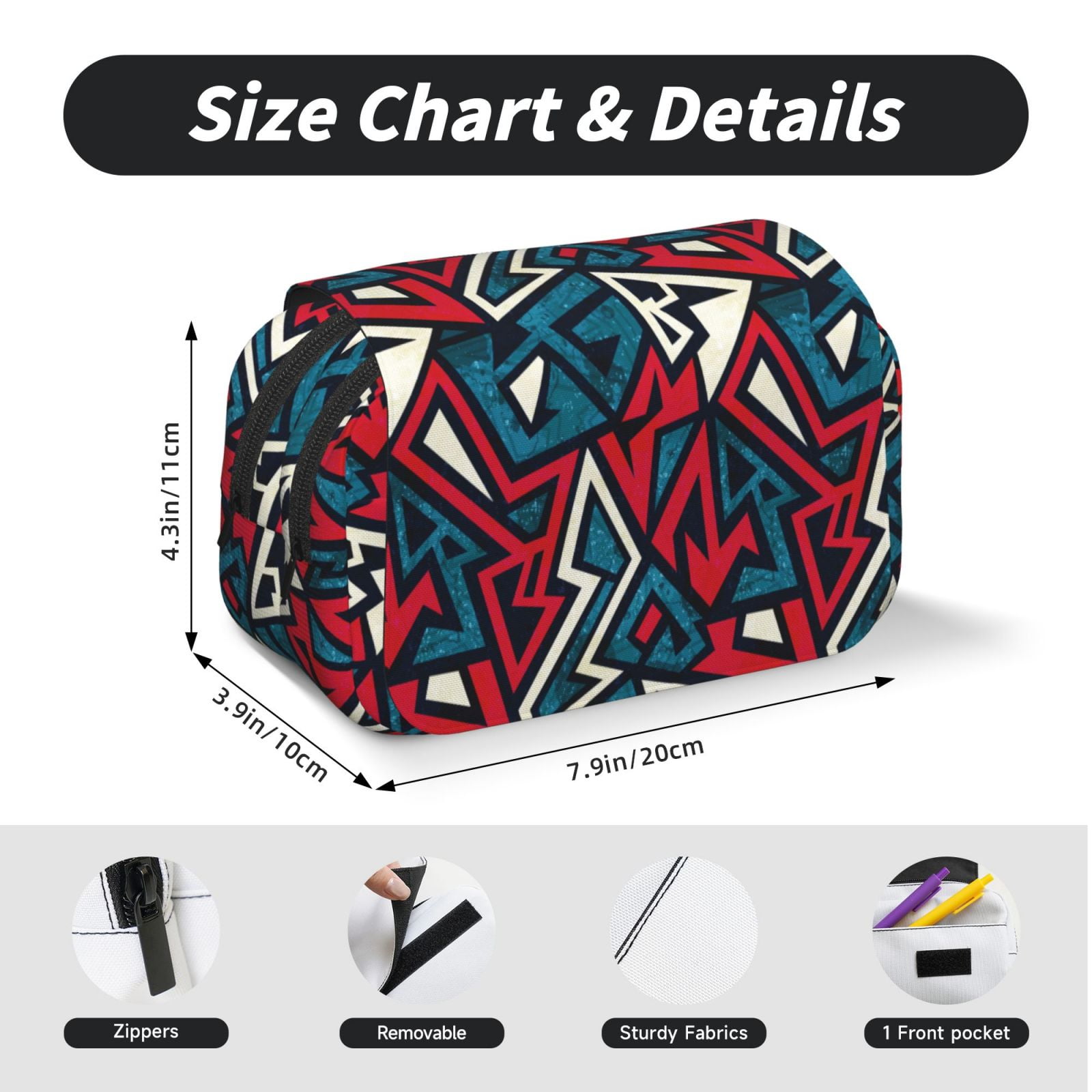 Rateoe Geometric Elements Pattern Double Clamshell Pen Case, Storage Organizer with Two Zipper Compartments– Holds Up to 50 Pencils & Pens