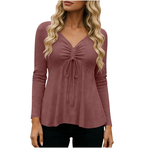 XPMWRP Womens V Neck Peplum Tunic Ruched Drawstring Front Long Sleeve Babydoll Solid Color Casual Flowy Blouse Tops Brown XL