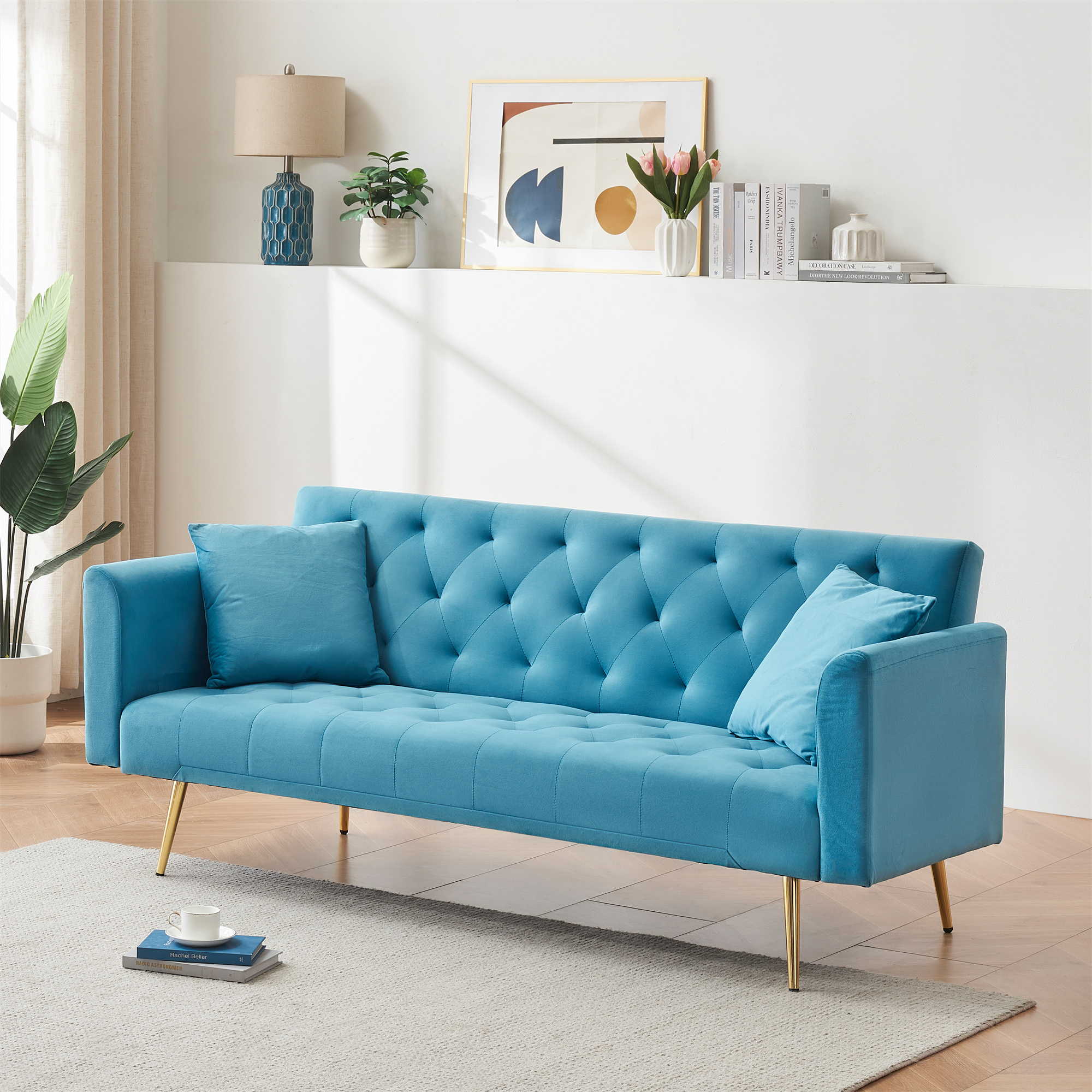 Aukfa Curved Arm Futon Convertible Sofa Bed for Home Office, 2 Pillows, Tufted Back, Velvet, Light Blue