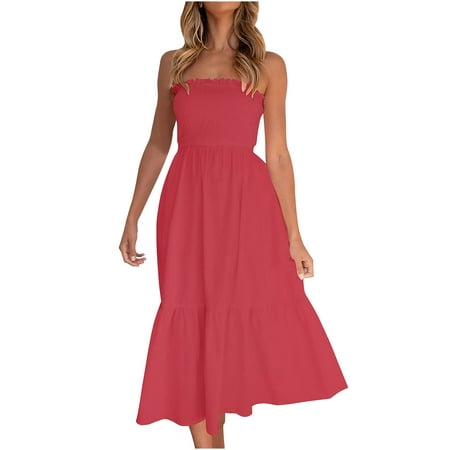 Women Summer Tiered Strapless Dress Solid Color Boho Dress Ruffle ...
