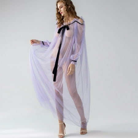 GENEMA Sexy Lingerie Transparent Front Ribbon Lace Up Sleep Long Dress Pajamas Robe