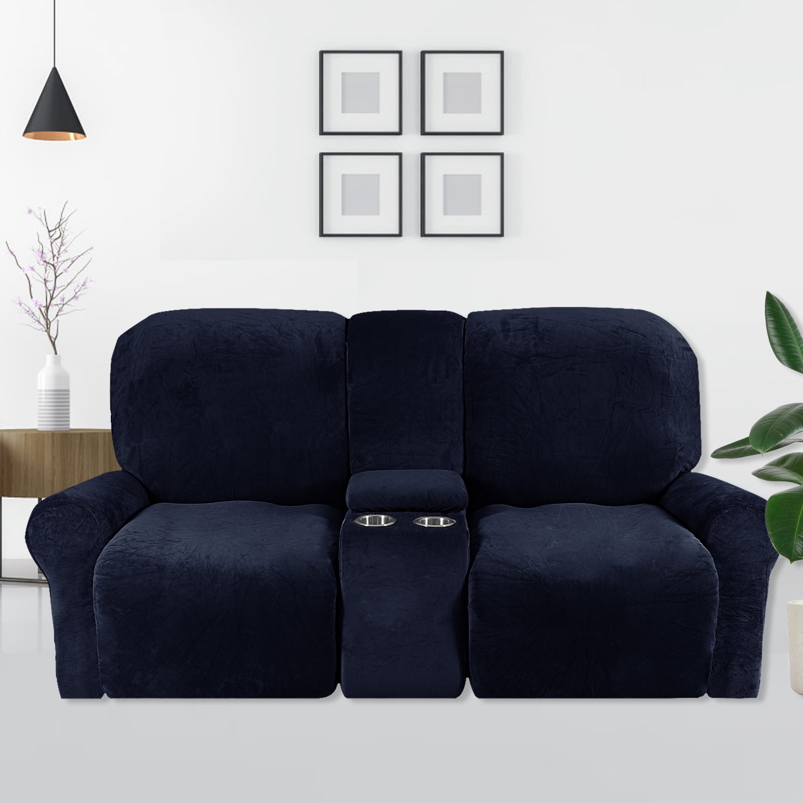 SHANNA Reclining Loveseat Cover with Middle Console Slipcover, 8Piece Velvet Stretch 2Seater