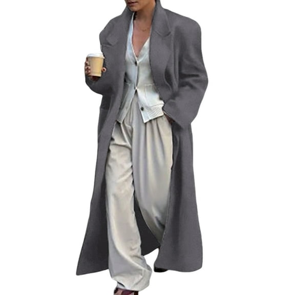 Women'S Double Breasted Woolen Coat Lapel Collar Long Sleeve Womens Outerwear Overcoat Gray XS