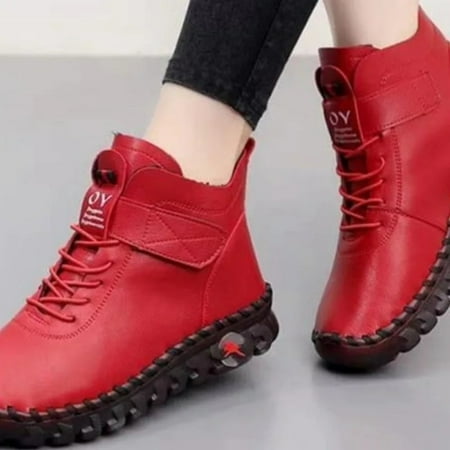 2022 Fur Thick Boots Women's Short Leather Boots Ladies Furry Orthopedic Shoes Woman Winter Waterproof Snow Boot Botas Mujer Red 39