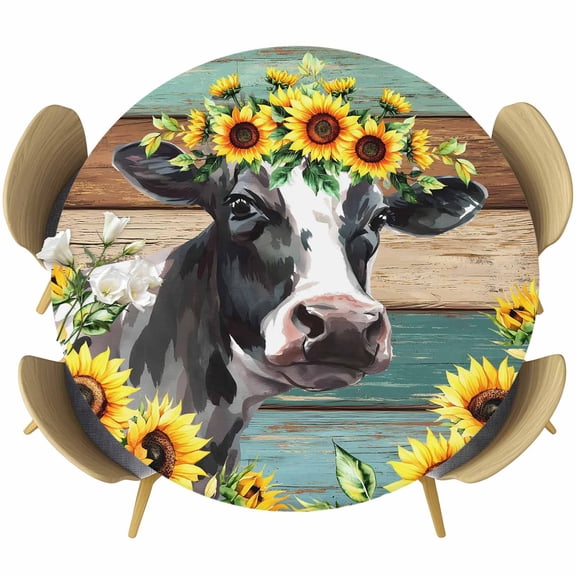 Sunflower Cow Round Tablecloth, Fitted Table Cover with Elastic for 45"-54" Round Tables, Rustic Teal Brown Farmhouse Wood Grain Table Cloth Outdoor Indoor Dinning Party Waterproof Tablecloths