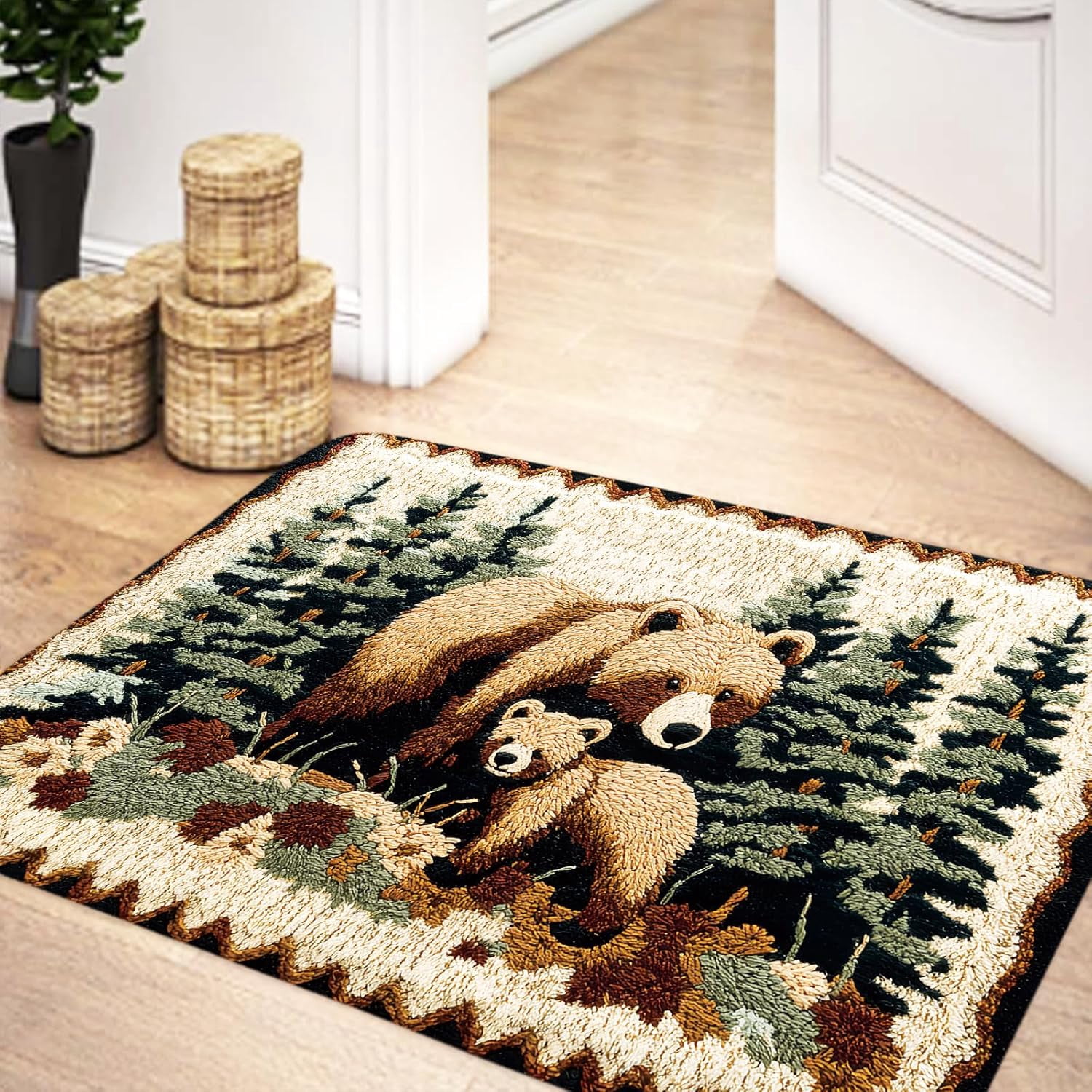 Bear Rug Farmhouse Bathroom Rugs Animal Brown Bear Forest Trees Rustic Cabin Carpet Camping Bath Rug Sets for Bathroom Bedroom Kitchen Outdoor Indoor, 19X31in