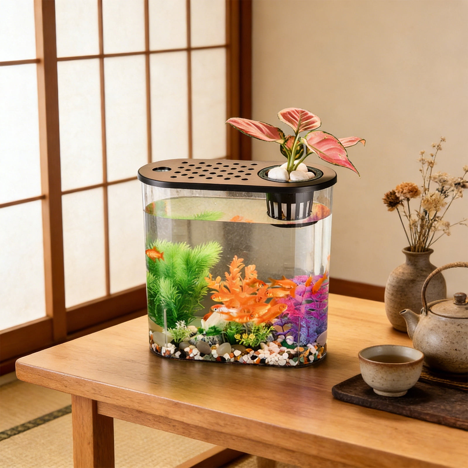 Goldfish Bowl Fish Tank Plastic Desktop Aquarium, Clear Betta Fish Tank with Plant Holder for Home Office Tabletop Living Room Bedroom Decor