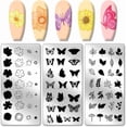 thumbnail image 1 of Juego de 3 placas para estampar uñas con diseño de flores, mariposas y hojas. Plantillas para estampar uñas con motivos de plantas. Placas de acero inoxidable con imágenes para uñas., 1 of 7
