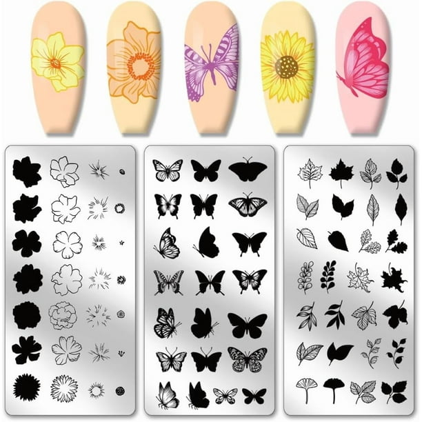 Juego de 3 placas para estampar uñas con diseño de flores, mariposas y hojas. Plantillas para estampar uñas con motivos de plantas. Placas de acero inoxidable con imágenes para uñas.