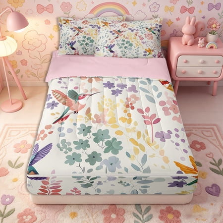 Erosebridal Botanical Pattern Zipper Queen Comforter Set with Fitted Sheet and 2 Pillowcases Watercolor Hummingbird Print Zipper Bedding Set Orange Green Violet Pink Reversible