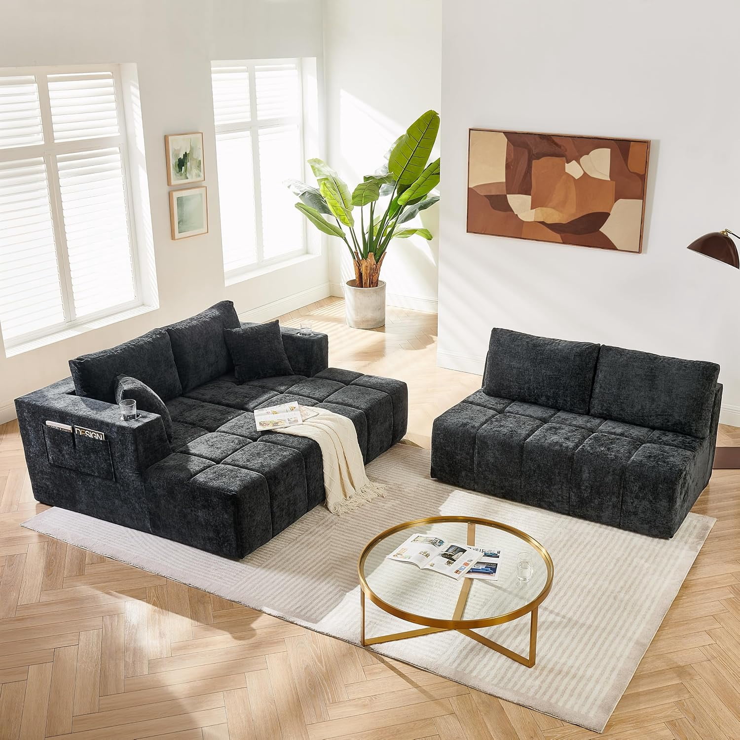 Howcool 132" U-Shaped Modular Cloud Couch, Oversized Deep Seat Chenille Sectional Sofa with Double Chaise, Boneless Comfy Couch with Cup Holders & Side Pockets, No Assembly Required, Black