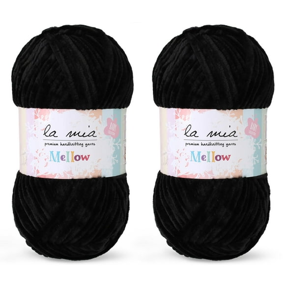 2 Skein La Mia Mellow Velvet Chenille Yarn for Knitting and Crocheting Baby Clothes, Blankets and Accessories, 100% Polyester, 100 gr (3.5 oz) / 115 m (125 Yards), Super Bulky, Black - 902