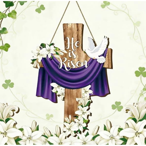 He is Risen Sign Wreath for Front Door Decor Religious Cross Easter Wooden Door Hanger Decorations He is Risen Farmhouse Dove Lily Flowers Wall Hanging Sign Easter Wreaths for House Front Porch