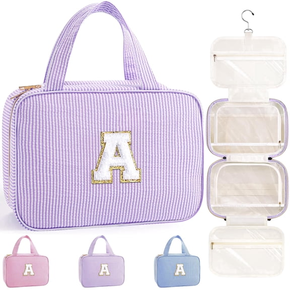 YOOLIFE Travel Hanging Toiletry Bag & Makeup Bag, Personalized Initial Toiletry Pouch, Birthday Gifts for Women Teen Girls, Cruise Essentials, Purple a