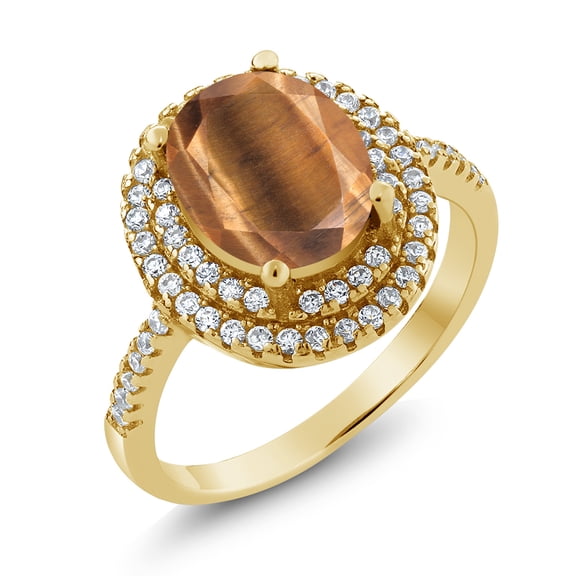 Gem Stone King 2.36 Ct Oval Brown Tiger Eye 18K Yellow Gold Plated Silver Ring (Size 5)