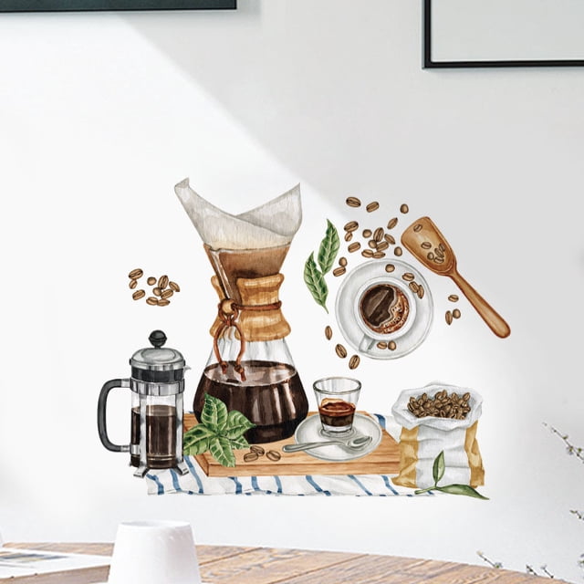 Adhesivo de pared para preparar café, cafetera, granos, cristal, 30 x 40 cm