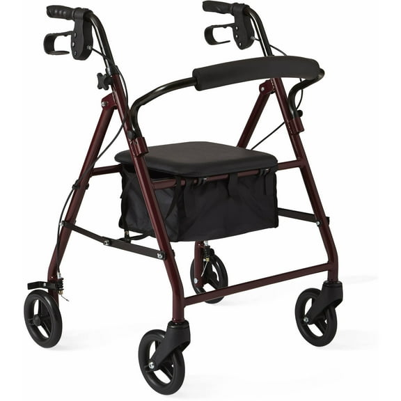 Medline Lightweight Junior Rollator, Folding Rolling Walker, 6" Wheels, 250lb Weight Capacity, Burgundy Red Frame