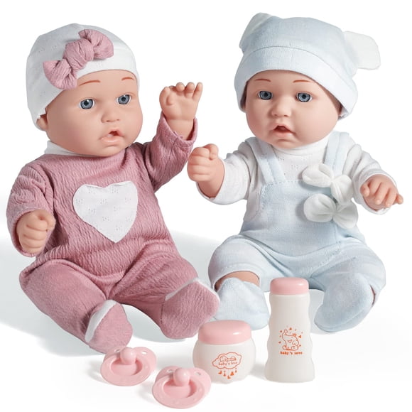 Enjoyin Juego de muñecas para bebés gemelos de 12 pulgadas con accesorios, incluye muñecos para niños y niñas, 2 botellas de polvo y 2 chupetes, regalo ideal para niños a partir de 3 años