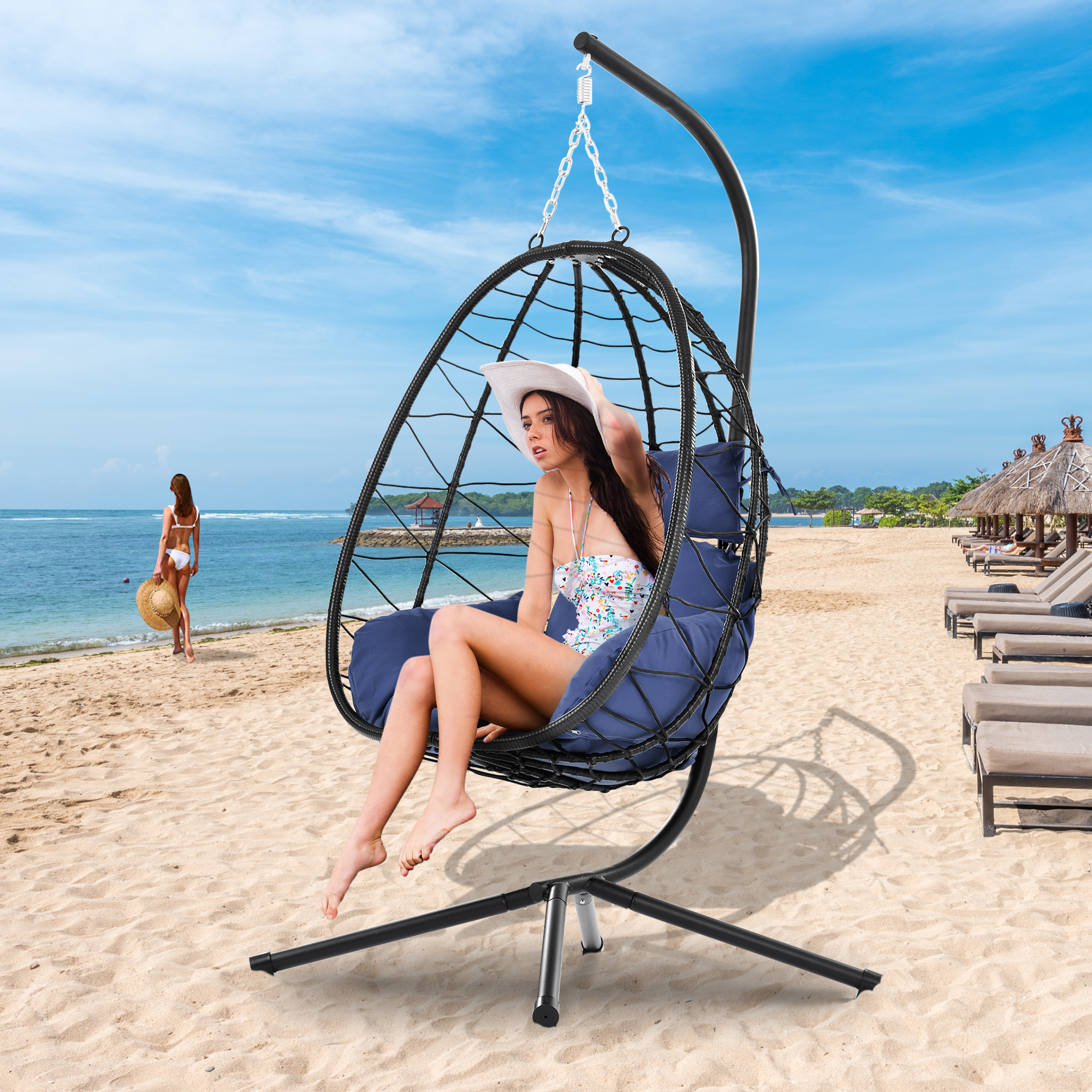 Patio Lounger Egg Chair, Outdoor Hanging Chaise Swing Egg-Shaped Chair w/Hanging Kits, Durable All-Weather UV Wicker Patio Rattan Lounge Chair for Bedroom, Patio, Deck, Yard, Garden, 350lbs, SS1993 - image 2 of 9