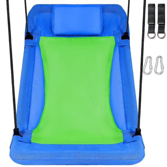 RedSwing 43" Tree Swing – Outdoor Platform Swing with Pillow, Heavy-Duty Weather Resistant Swing Chair, 4 Hanging Straps, Blue and Green