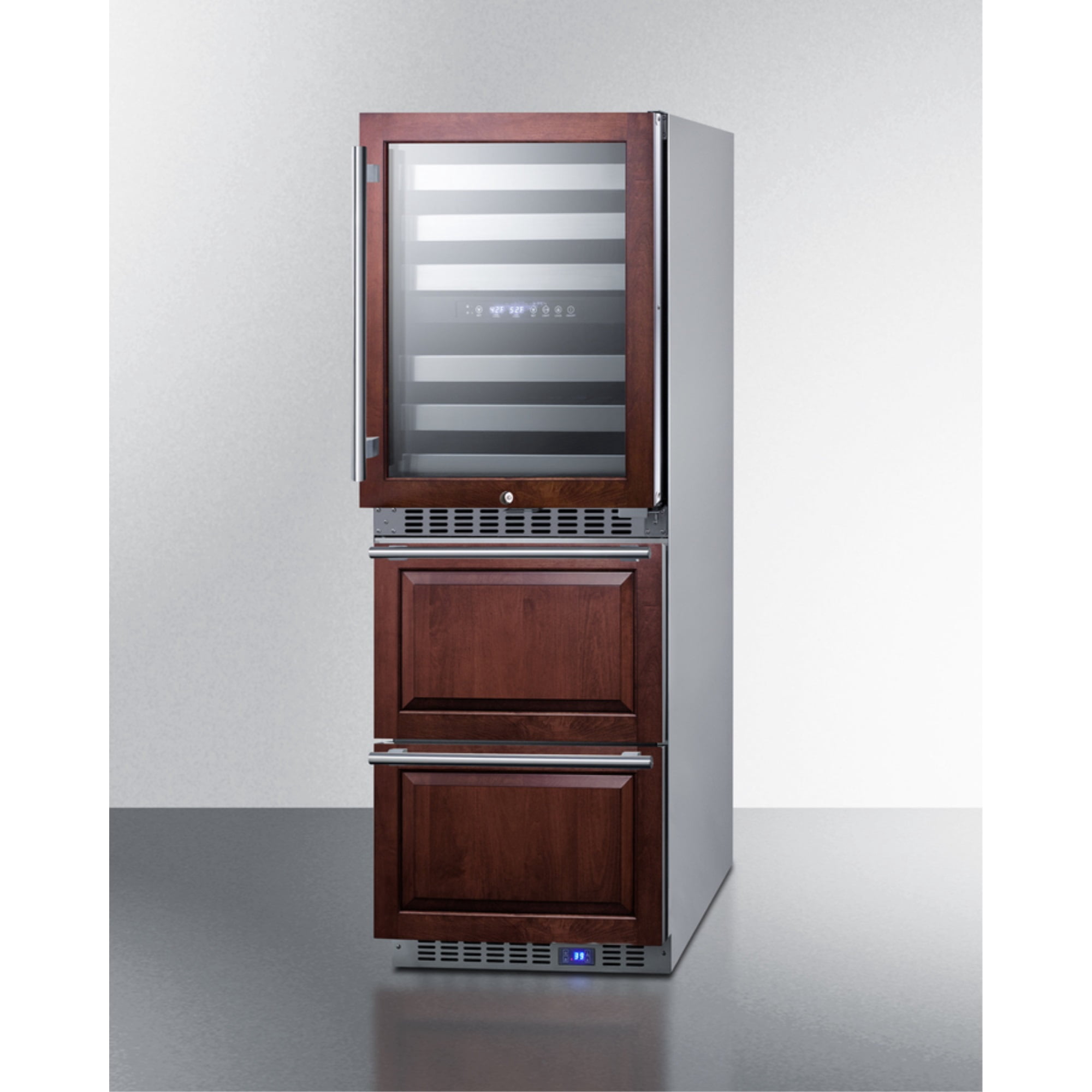 24 Inches wide combination built-in/freestanding upright dual zone wine cellar and 2-drawer refrigerator, panel-ready front