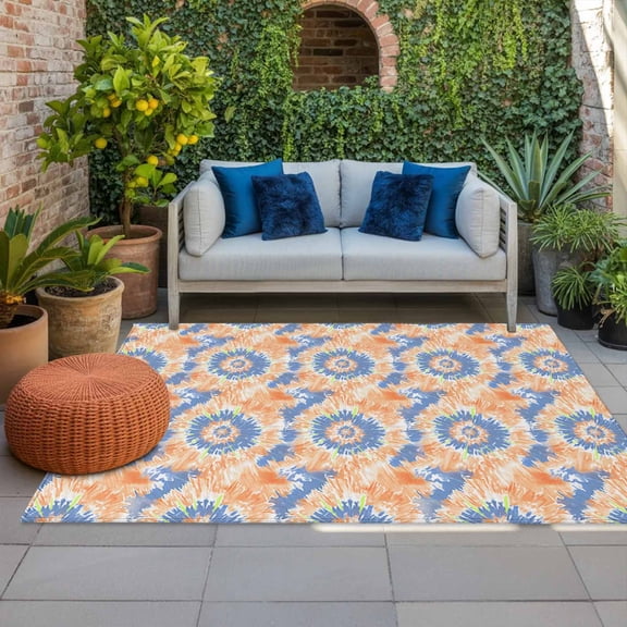 Outdoor Rug 3x5 ft Orange Blue Tie Dye Outdoor Large Area Rug Non Slip Rubber Boho Abstract Art Front Door Mat RV Rug Camping Carpet Patio Outdoor Rugs for Backyard Balcony Deck Porch Indoor