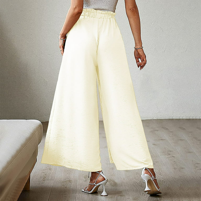 UHUYA Womens Wide Leg Pants Fashion Summer Bow Casual Loose High Waist  Pleated Wide Solid Trousers Beige L US:8 