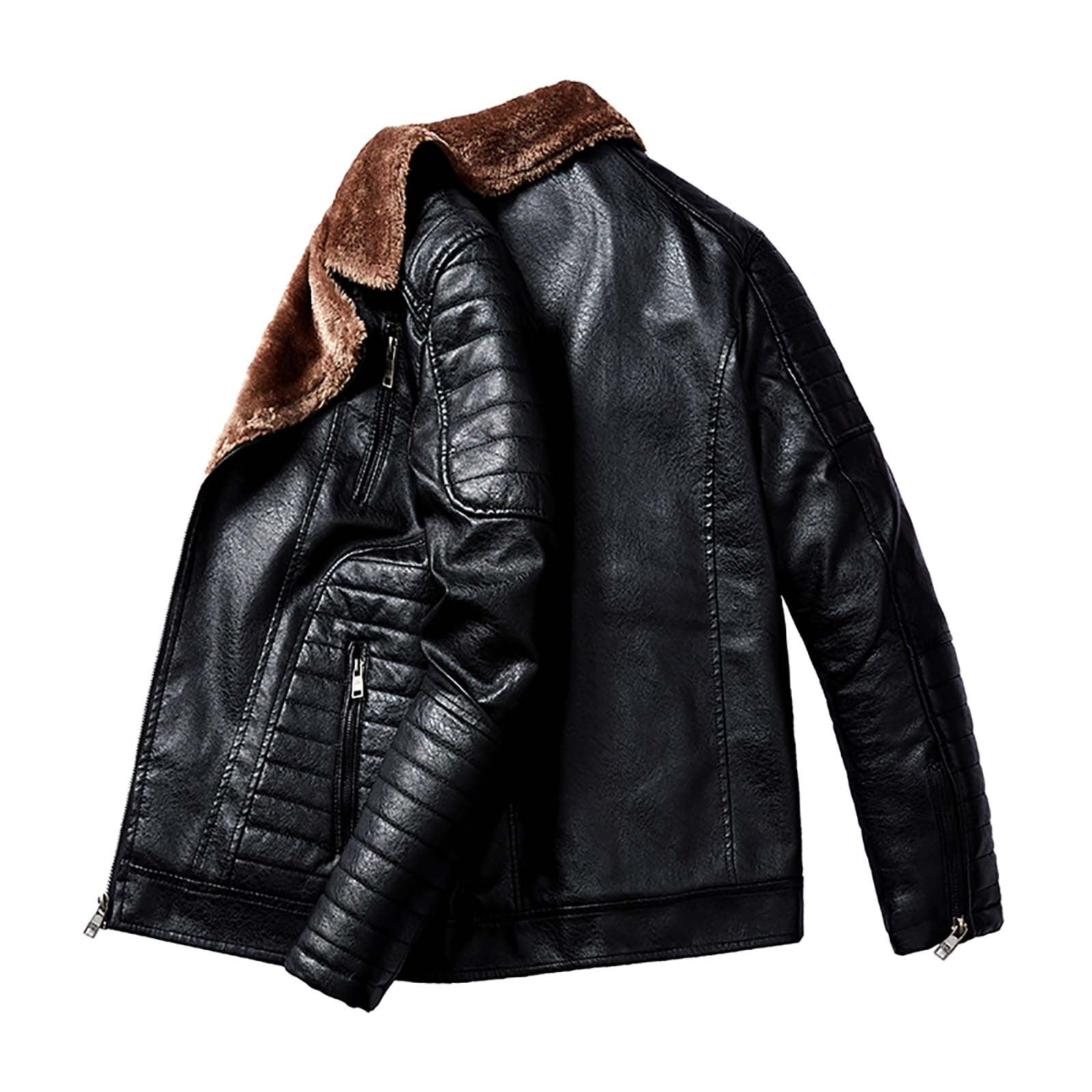 Bazeneo Leather Jacket Mens Winter Fleece Faux Leather Jacket Zipper Warm Biker Jackets with Pockets Vintage Brando Style Motorbike Jackets Faux Shearling Thicken Outwear Casual Tops